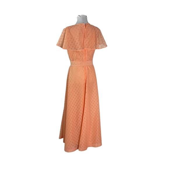 Vintage 1970s Peach Eyelet Flutter Sleeve Maxi Formal Dress M - Picture 3 of 6